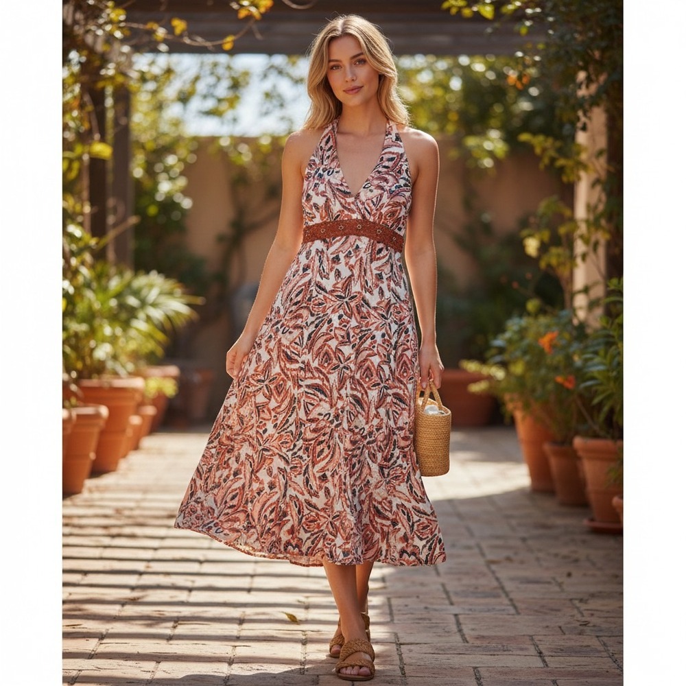 Jonathan Martin Pink Orange Ikat Floral Halter Midi Dress Crochet Waist Size 16